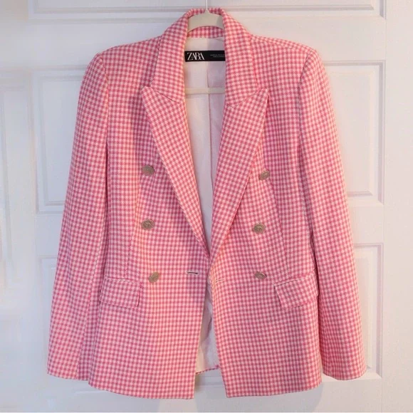 Zara Pink and White Tailored Houndstooth Women’s Blazer - Picture 4 of 9